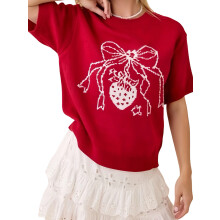 (L, Red) Women's Autumn Winter Knit Sweater Short Sleeve Round Neck Bow Strawberry Print Knitwear