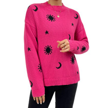 (XL, Rose Red) Női aranyos, kényelmes pulóver, Sun Moon jacquard, meleg őszi alapvető utcai viselet