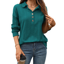(XL, Malachite Blue) Damessweatshirt voor de herfst, losvallend, lange mouwen, reverskraag, knoopsluiting, casual model.