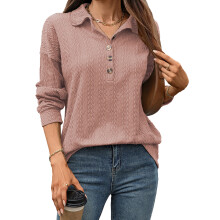 (M, Pink) Damessweatshirt voor de herfst, losvallend, lange mouwen, reverskraag, knoopsluiting, casual model.