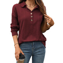 (M, Burgundy) Felpa donna autunnale ampia, tinta unita, maniche lunghe, colletto a revers, pullover casual leggero