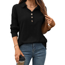 (XL, Black) Felpa donna autunnale ampia, tinta unita, maniche lunghe, colletto a revers, pullover casual leggero