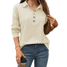 (L, Apricot) Damessweatshirt herfst, losvallend, jacquard, lange mouwen, reverskraag, knoopsluiting, casual, lichtgewicht.