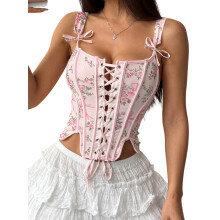 (L, Pink) Women Corset Crop Tops Slim Flower Print Fishbone Cross Tie Shoulder Open Back Shirts Summer Streetwear