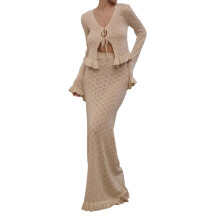 (L, Apricot) Dámská sukně - elegantní top s dlouhým rukávem a volánkovou sukní - dvoudílný outfit