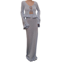 (S, Blue) Dámská sukně - elegantní top s dlouhým rukávem a volánkovou sukní - dvoudílný outfit
