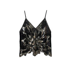 (L, Gold) Damen Glitzer Pailletten Cami Tops Ärmellos Spaghettiträger V-Ausschnitt Camisole Sommer Clubwear