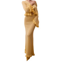 (XL, Yellow) Dámská sukně - elegantní top s dlouhým rukávem a volánkovou sukní - dvoudílný outfit