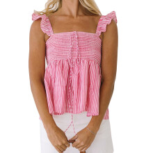 (S, Pink) Women's Summer Square Neck Vest Sleeveless Tie Up Trendy Striped Tank Tops for Party