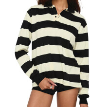 (L, Black) Women Striped Long Sleeve Tops Loose Casual Half Button-up Collar Fall T-shirts for Daily Outdoor