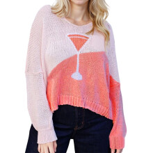 (M, Pink) Women's Wine Glass Sweater Fashionable Casual Crew Neck Long Sleeve Knit Loose Tops