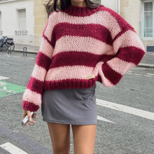(XL, Pink) Women's Autumn Winter Knit Sweaters Long Sleeve Round Neck Striped Knitwear Tops