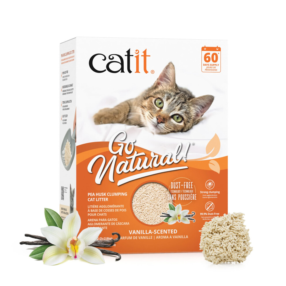 Catit Go Natural Vanilla Scented Pea Husk Clumping Cat Litter, Deodorising, 99.9% Dust-Free, Fast Clumping Cat Litter, Plant-Based Litter For Cats &