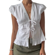 (L, White) Women Shirts, Short Sleeve Tie-up Lace Patchwork Slim Fit Summer Tops Streetwear