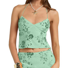 (L, Mint) Women Halter Top, Tie-up Sleeveless Tops Backless Sequined Flower Summer Vest for Club Party