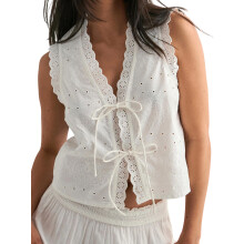 (S, White) Women's Bow Tie Front Tank Tops Sleeveless V-Neck Eyelet Embroidery Vest Casual Summer Shirts