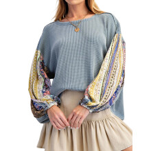 (L, Blue) Női pulóver, hosszú ujjú, kerek nyakú, patchwork kapucnis pulóver, lezser felsők