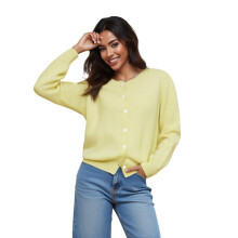 (M, Light yellow) Gilet duveteux pour femme, col rond uni, manches longues, fermeture boutonnée, pull en maille, tenue décontractée d'automne