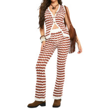 (S, Dark Brown) Ensemble deux pièces en maille pour femme, gilet sans manches à boutons et pantalon rayé, tenue d'été