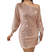 (M, Pink) Robe moulante à sequins asymétrique pour femme, coupe ajustée, élégante et scintillante, manches longues.
