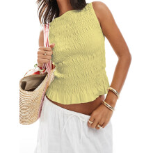 (M, Yellow) Débardeur d'été froncé pour femme, sans manches, à col rond, couleur unie, idéal pour les fêtes