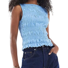(L, Blue) Débardeur d'été froncé pour femme, sans manches, à col rond, couleur unie, idéal pour les fêtes