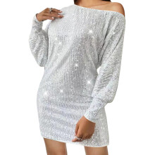 (S, White) Robe moulante à sequins asymétrique pour femme, coupe ajustée, élégante et scintillante, manches longues.