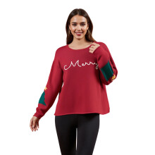 (S, Red) Women's Autumn Winter Knit Sweater Long Sleeve Round Neck Letter Embroidery Knitwear Tops