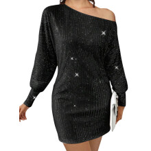 (XL, Black) Robe moulante à sequins asymétrique pour femme, coupe ajustée, élégante et scintillante, manches longues.