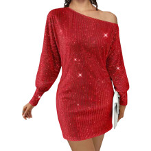 (XXL, Red) Robe moulante à sequins asymétrique pour femme, coupe ajustée, élégante et scintillante, manches longues.