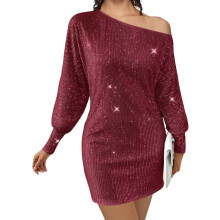(XXL, Burgundy) Robe moulante à sequins asymétrique pour femme, coupe ajustée, élégante et scintillante, manches longues.