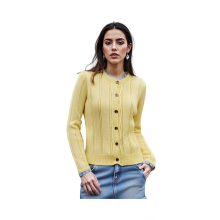 (M, Yellow) Women's Fall Knit Cardigan Plaid Print Neckline Patchwork Long Sleeve Button Down Sweater Jacket for Spring, Fall