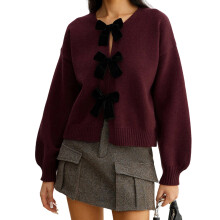 (M, Burgundy) Women's Autumn Sweater Cardigan Long Sleeve Round Neck 3D Bow Decor Loose Knitwear