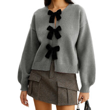 (M, Gray) Gilet cardigan d'automne pour femme, manches longues, col rond, nœud décoratif 3D, maille ample