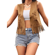 (XXL, Brown) Gilet femme sans manches à franges, ouvert sur le devant, idéal pour un look décontracté en ville.