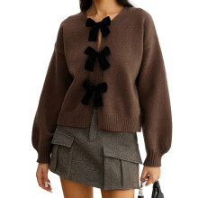 (S, Dark Khaki) Gilet cardigan d'automne pour femme, manches longues, col rond, nœud décoratif 3D, maille ample