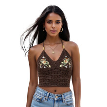 (L, Coffee) Women's Knitted Halter Tops Stylish Hollow Details Flower Pattern Backless Sleeveless Vest for Summer