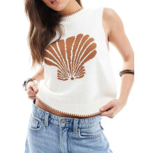 (M, White) Women's Summer Knit Sweater Vest Loose Fit Cozy Stylish Shell Pattern Crew Neck Sleeveless Knitted Tank Tops