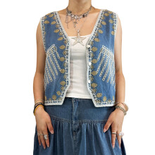 (S, Sky Blue) Veste sans manches en jean pour femme, col V boutonné, brodée de fleurs, style streetwear d'été