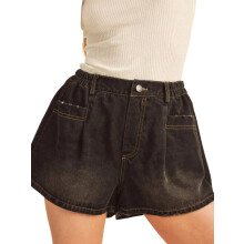(L, Black) Short en jean ample pour femme, coupe trapèze tendance, taille élastique, fermeture boutonnée et poches.