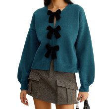 (L, Navy Blue) Gilet cardigan d'automne pour femme, manches longues, col rond, nœud décoratif 3D, maille ample