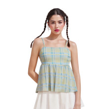 (L, Multicolor) Débardeur d'été à carreaux pour femme, bretelles spaghetti, décolleté plongeant, coupe trapèze, style streetwear