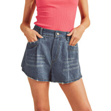 (S, Blue) Short en jean ample pour femme, coupe trapèze tendance, taille élastique, fermeture boutonnée et poches.