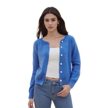 (XL, Blue) Women Fuzzy Cardigan Solid Crew Neck Long Sleeve Button-up Knit Sweater Casual Fall Clothes