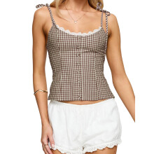 (S, Khaki) Damen Kariertes Leibchen mit schmalem Spitzenbesatz, Rundhalsausschnitt, Spaghettiträger, Crop-Shirts, trendige Sommer-Streetwear
