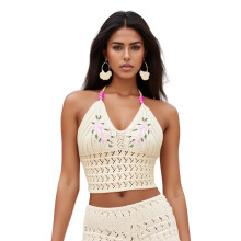 (S, White) Débardeur dos nu en maille pour femme, orné de détails ajourés et d'un motif floral, idéal pour l'été