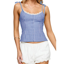 (L, Dark Blue) Damen Kariertes Leibchen mit schmalem Spitzenbesatz, Rundhalsausschnitt, Spaghettiträger, Crop-Shirts, trendige Sommer-Streetwear