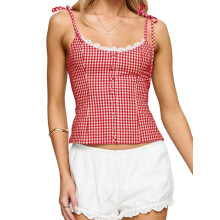 (M, Red) Damen Kariertes Leibchen mit schmalem Spitzenbesatz, Rundhalsausschnitt, Spaghettiträger, Crop-Shirts, trendige Sommer-Streetwear