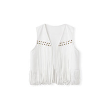 (XL, White) Chaleco de gamuza con borlas para mujer, estilo hippie de los años 70, sin mangas, con abertura frontal, chaqueta estilo western