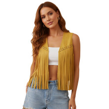 (L, Yellow) Chaleco de gamuza con borlas para mujer, estilo hippie de los años 70, sin mangas, con abertura frontal, chaqueta estilo western